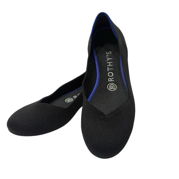 ROTHY'S | The Flat Black w/ Cobalt Blue Trim Washable eco-friendly Shoes sz: 7 - Picture 1 of 13